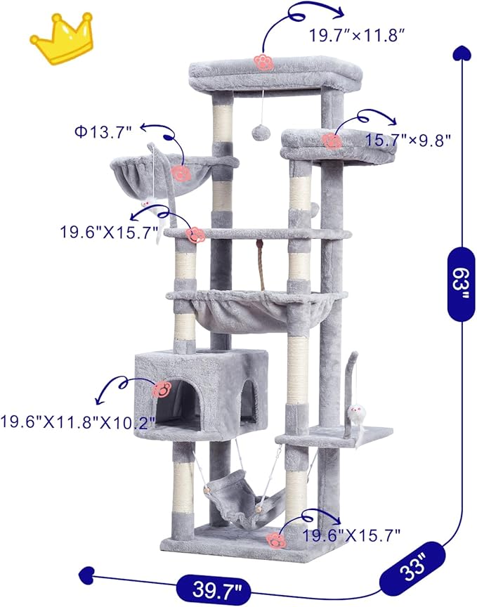 Cat Tree, Cat Tower for Large Cats with 2 Big Platforms, 2 Baskets, condo and Toys, 63" Cat Scratching Posts for Indoor Cats, Light Gray GCT020W