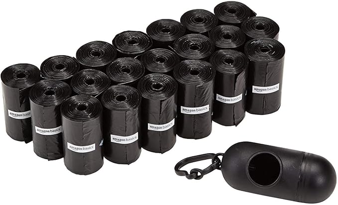 Amazon Basics Dog Poop Bags with Dispenser, 300 Count, Enhanced for Guaranteed Leakproof, Unscented, Includes Leash Clip