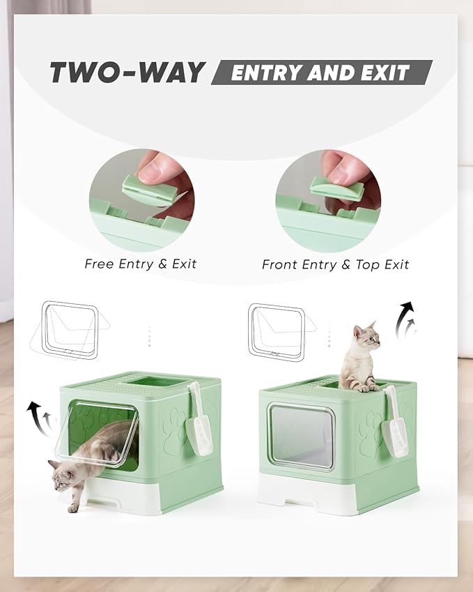 Enclosed Cat Litter Box, Large Litter Box for Big Cats, Covered Kitty Litter Boxes with Lid, Top Entry Cat Box Enclosure with Scoop, Odor Control, Easy to Clean(Green)