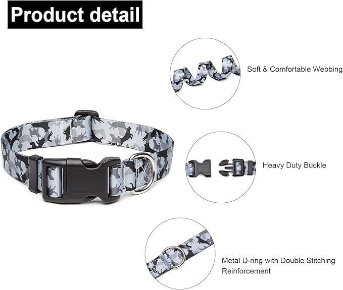 Mercano Adjustable Dog Collar - Special Design Patterns, Soft Nylon Comfortable Sturdy Pet Collar for Small Medium Large Dogs (M, Dog Camouflage Grey)