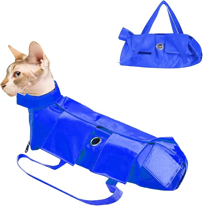 HDKUW Cat Grooming Bag,Foldable Travel Carrier for Cats,Anti-Bite Anti-Scratch Cat Grooming Restraint Bag,Pet Carrier for Administering Eye Drops,Ear Cleaner,Clipping Nails Blue S