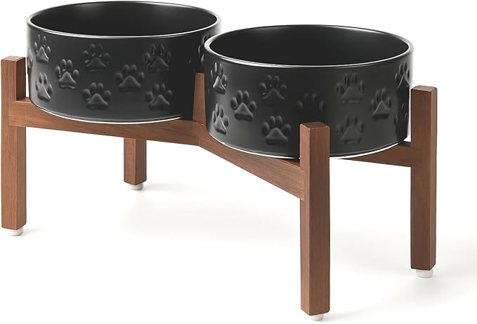 SPUNKYJUNKY Ceramic Elevated Dog Bowl Set with Acacia Wood Stand for Food and Water for Medium Dogs (42.27 OZ, Black, Dog Paw Pattern)