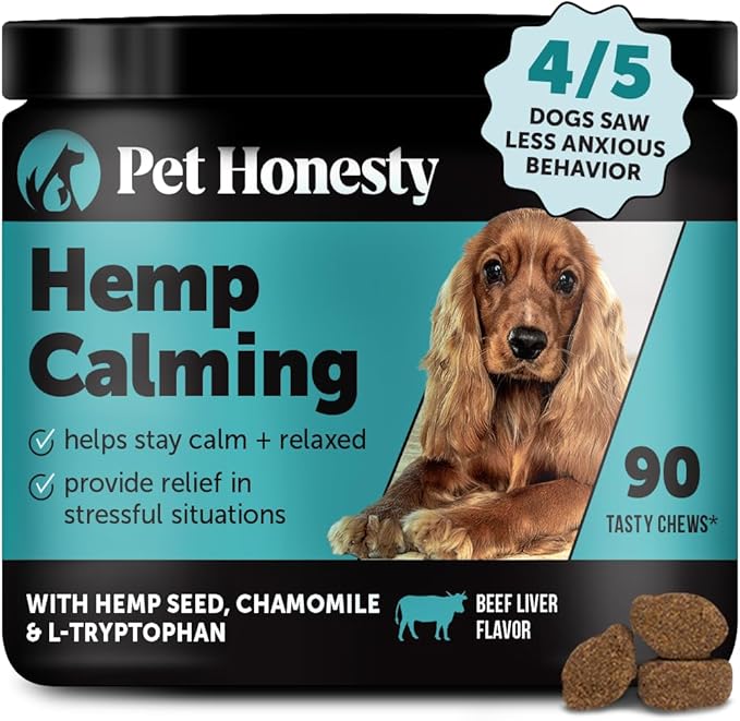 Natural Hemp Calming Chews for Dogs - Dog Anxiety Relief - Calming Aid Supplement with Valerian Root, Chamomile, + Magnesium - Stress, Separation & Thunder Support - (Beef Liver, 90 Count)