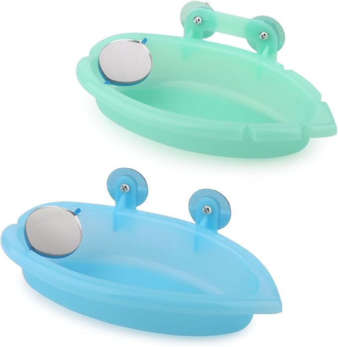 Wontee Bird Bath Box with Mirror Portable Parrot Hanging Bathroom Bathing Tub for Small Birds Cleaning Supplies (Blue(A)+Green)