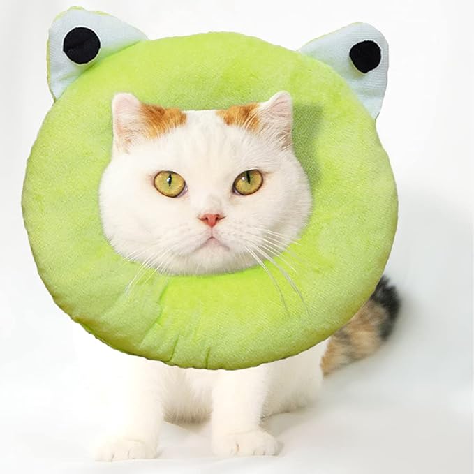 Adjustable Cat Recovery Collar Soft,Cute Pet E-Collar Neck Cone After Surgery Wound Healing Protective Cone Fit for Kitties, Small Dogs(ELC05-frog-s)