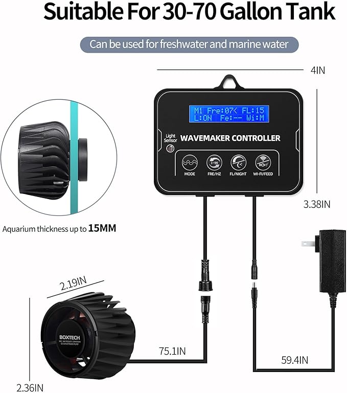 2100 GPH Wave Maker for Aquarium, Ultra Quiet DC 24V Fish Tank Powerhead with Strong Magnet Suction Base, Circulation Water Pump Wavemaker with Controller and LED Display for 30-70 Gallon Tank
