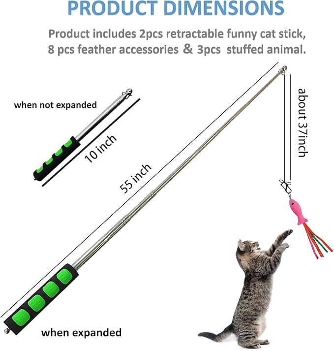2pcs Retractable Wand Toys, Cat Fishing Rod with 11 Pcs Feather Refills for Indoor & Outdoor Cats