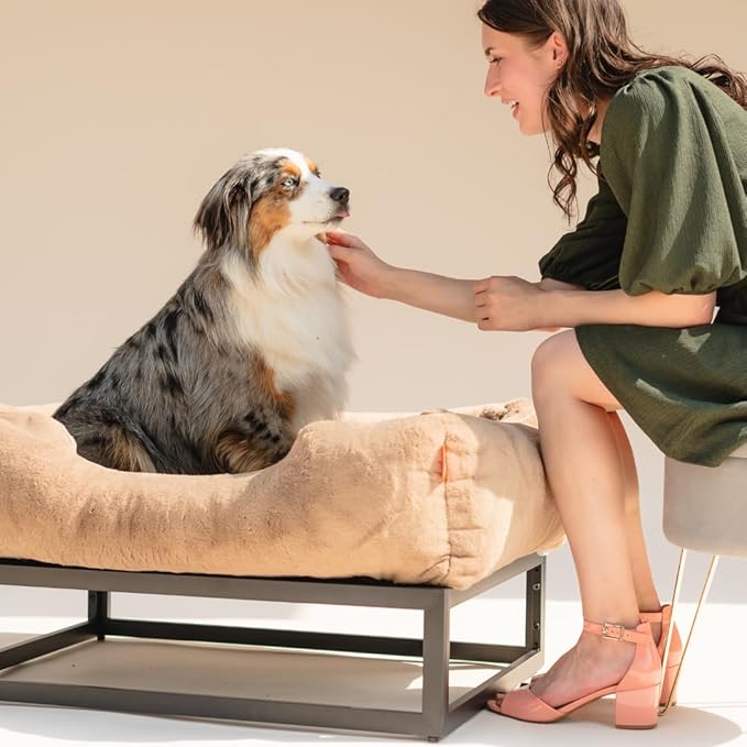 FUZI Luxury Aesthetic Dog Bed for Medium Dogs with Washable Cover, Pet Couch, Pet Bed with Sides, Non-Slip Bottom, Soft and Durable Calming Dog Bed, Faux Rabbit Fur, Medium 31.75x23.6x9.5 Light Brown