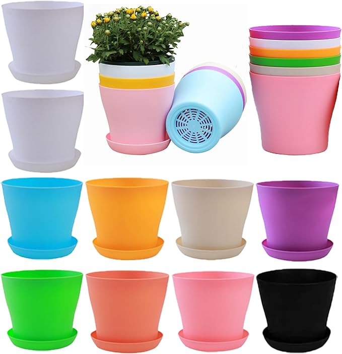 10 Pack 4 Inch Plant Pots Bulk Small Plastic Planters Pots with Drainage Holes Flower Pot for Succulent, Cactus, Herb, African Violet (10pcs-Multicolor, 4Inches)