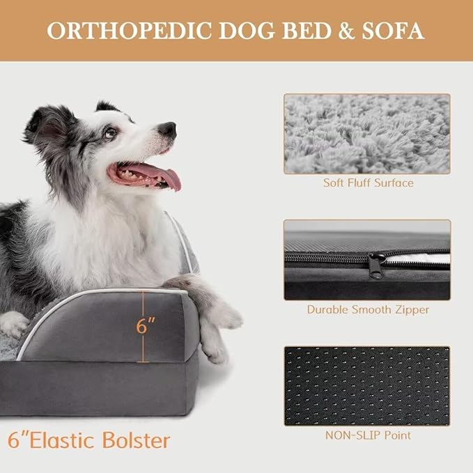 Comfort Expression Orthopedic Memory Foam Dog Beds for Giant Dogs, XXL Dogs Beds Washable, Waterproof Dog Beds with Bolster & Removable Cover(XX-Large,Silver Grey)