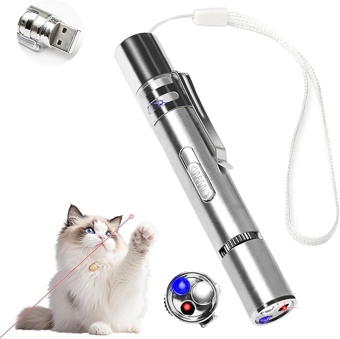 Laser Pointer Cat Toys USB Rechargeable Interactive Cat Laser Pointer with 5 Exciting Laser Patterns Torch UV and Infrared Modes Safe Pet Playtime Multi-Use Toy for Cats and Pet Owners