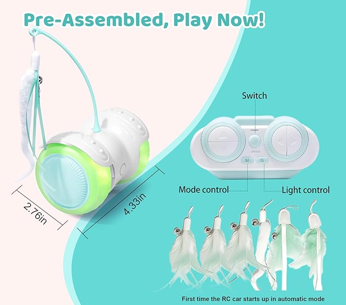 Remote Control Cat Toy with Auto Mode - Interactive Cat Toy Feather for Indoor, Moving Cats Catnip Toys & LED to Keep Bored Cats Active & Entertained