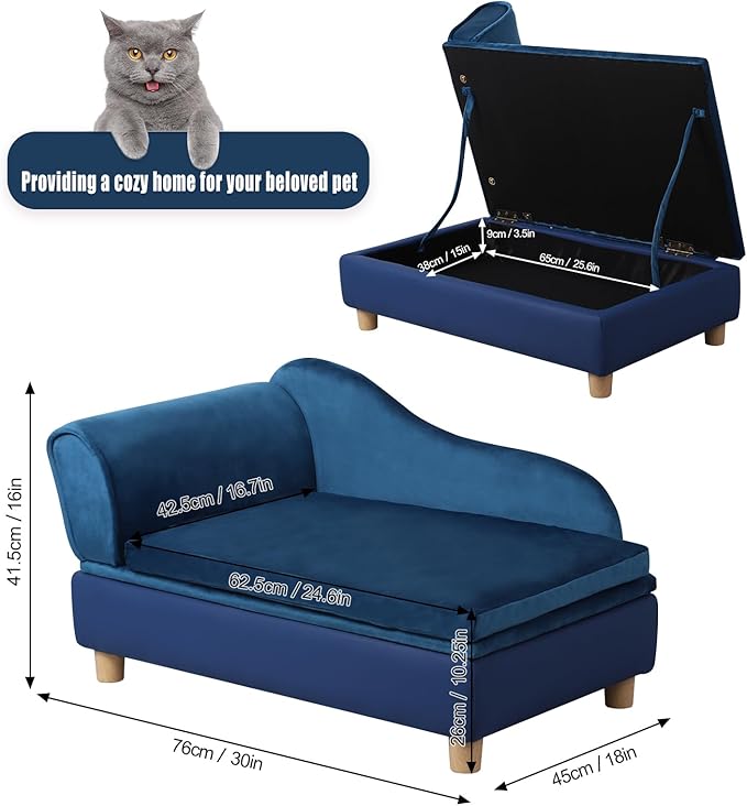 Pet Bed Sofa, Puppy Bed with Storage, Small Dog Couch with Removable & Washable Cushion, Comfy Pet Couch Bed for Cats & Puppy (Blue)