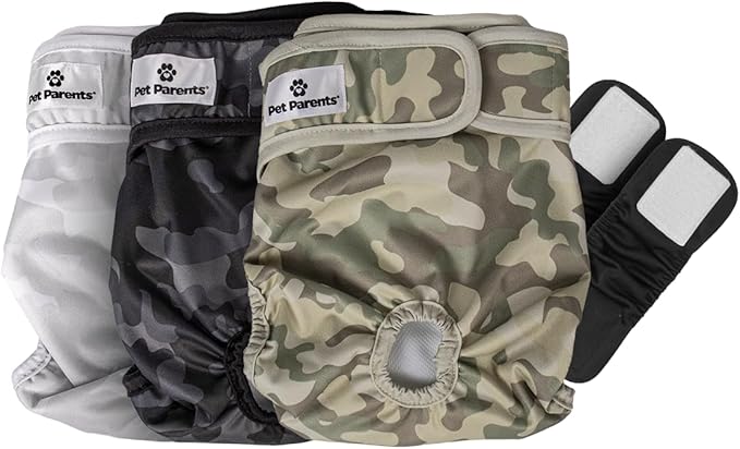 Pet Parents® Washable Dog Diapers (3pack) + Extendrs® of Durable Doggie Diapers, Premium Dog Diapers Female & Male (Medium, Camo)