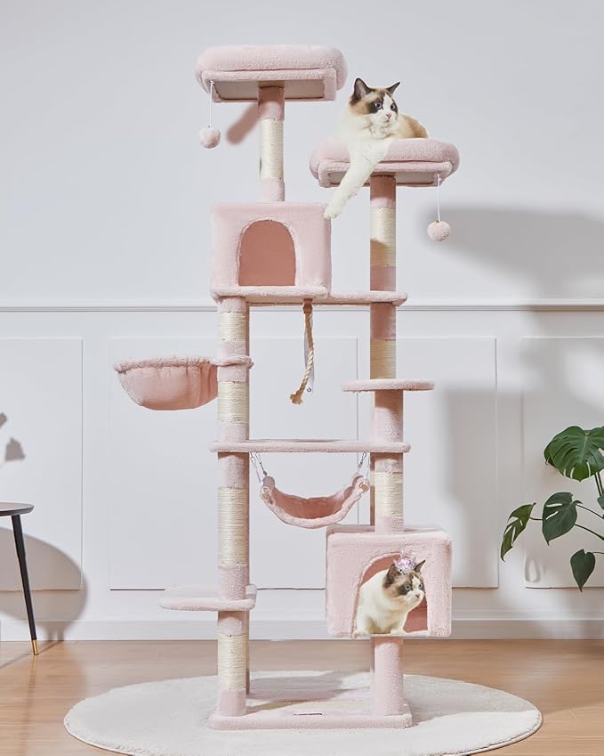 Taoqimiao Cat Tree, 71-Inch Cat Tree Cat Tower for Indoor Cats, Plush Multi-Level Cat Condo with 10 Scratching Posts, 2 Perches,Basket, 2 Caves,Hammock, 2 Pompoms,MS020P Jelly Pink