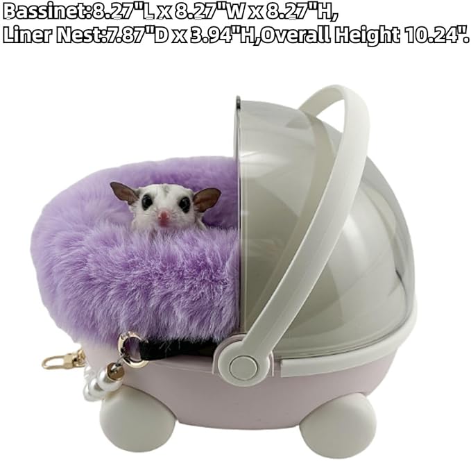 Sugar Glider Carrier Cage with Warm Nest, Cushion, Mat and Safe Lock, Portable Cages with Chain, Small Animals Travel Carrier Plastic Breathable Outgoing Box for Hamsters (White)