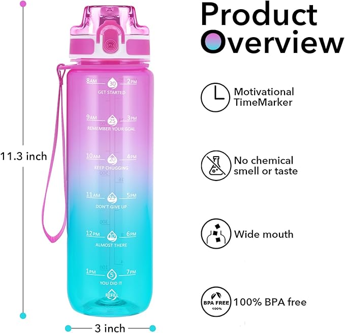 32oz Motivational Water Bottles with Time Marker & Fruit Strainer, Transparent Gradient Color Water Bottle with Times to Drink, Leakproof & BPA Free, Reusable Bottle with Strap (No Straw)