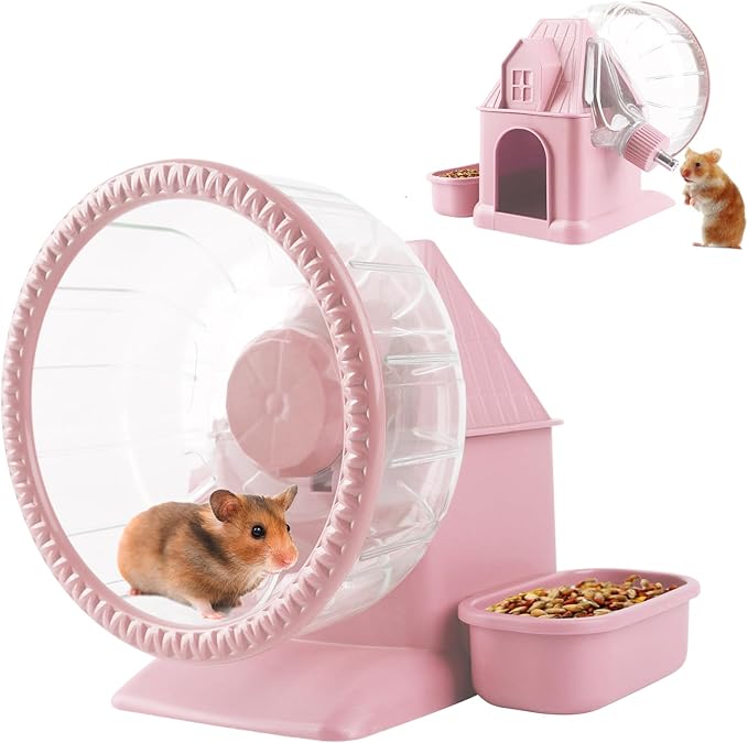 4 in 1 Silent Large Hamster Wheel Multifunctional Hamster Running Wheel Quite Running Spinner Wheel Accessories with Food Bowl Water Bottle for Hamsters Dwarf Gerbil (Pink)