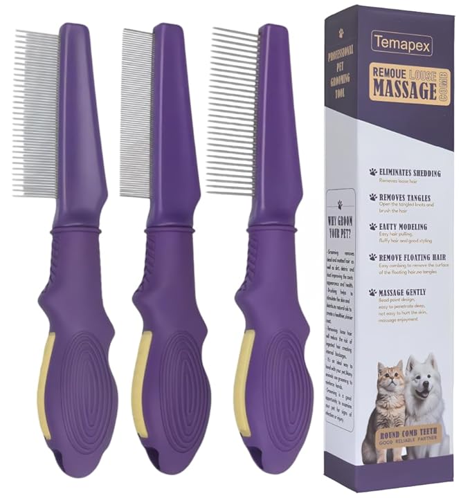 Temapex 3PCS Pet Comb for Grooming Long & Short Haired Cats & Dogs With Stainless Steel Metal Teeth for Removes Tangles & Flea, Non-Slip & Anti-Static Rubber Handle, Safe & Gentle
