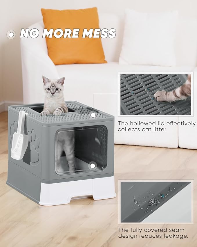 Enclosed Cat Litter Box, Large Litter Box for Big Cats, Covered Kitty Litter Boxes with Lid, Top Entry Cat Box Enclosure with Scoop, Odor Control, Easy to Clean(Grey)