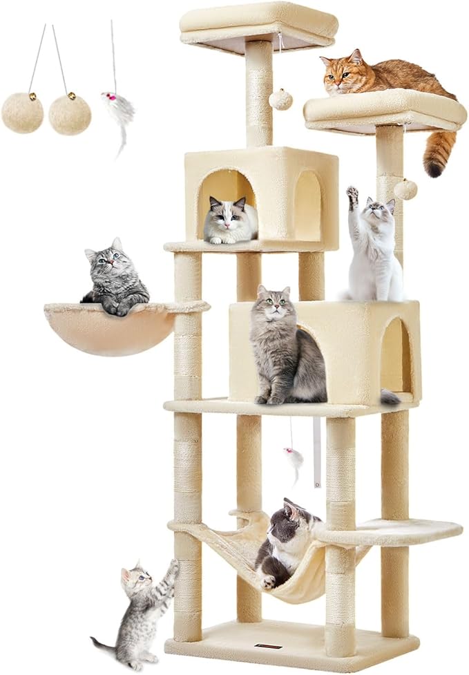 Taoqimiao Cat Tree, 66.2-Inch Cat Tower for Indoor Cats, Plush Multi-Level Cat Condo with 7 Scratching Posts, 2 Perches, 2 Caves, Hammock, 2 Pompoms, Beige MS013M