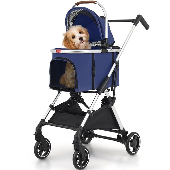 Pet Stroller with 4 Wheels for Small/Medium Pets, 3 in 1 Travel Foldable Detachable Carrier for Dog Cat Cage Jogger Stroller, Rear Wheel Breaks, Storage Basket, Car Seat (Navy Blue)