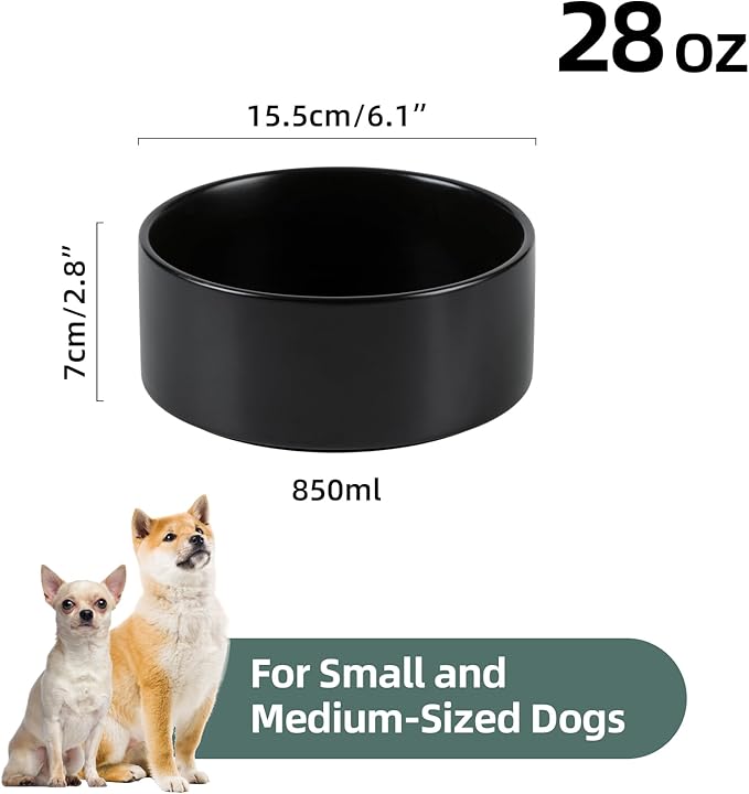 Ceramic 6.1inch Non-Slip Dog Food and Water Bowl for Small & Medium Breed Dogs,Pet Bowl for Replacement, Protects Cervical Spine (Black)