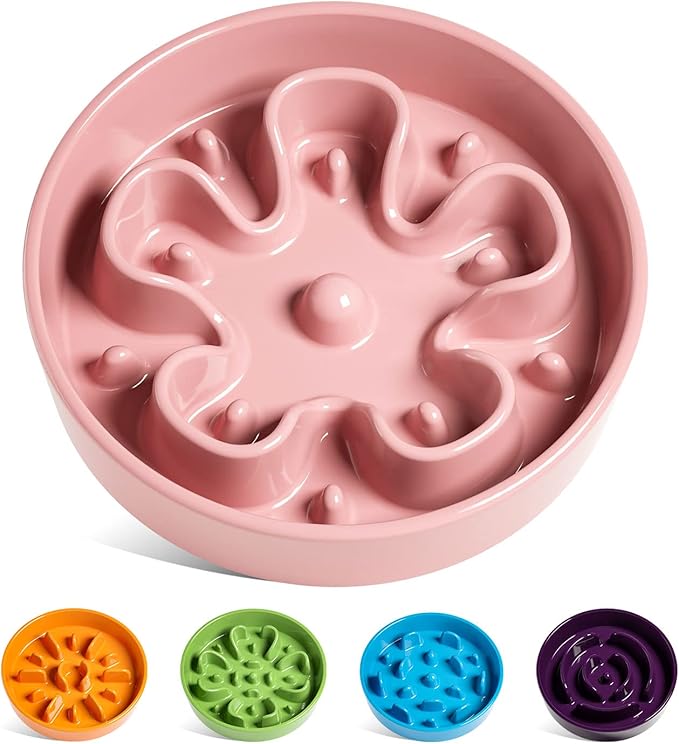 LE TAUCI Slow Feeder Dog Bowls Ceramic, 1.5 Cups Dog Food Bowl, Puppy Slow Feeder Dish for Fast Eaters,Pink Bloom