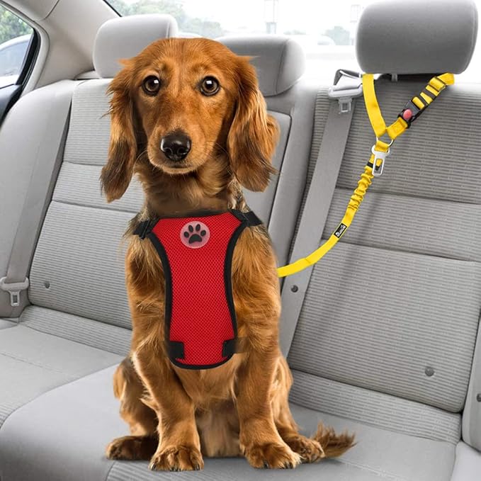 SlowTon Dog Seat Belt for Car, 2 Pack Dog Car Harness Seatbelt Adjustable with Elastic Bungee Buffer, 2 in 1 Pet Car Leash Headrest Restraint Dog Reflective Safety Tether (Yellow, Headrest+Clip)