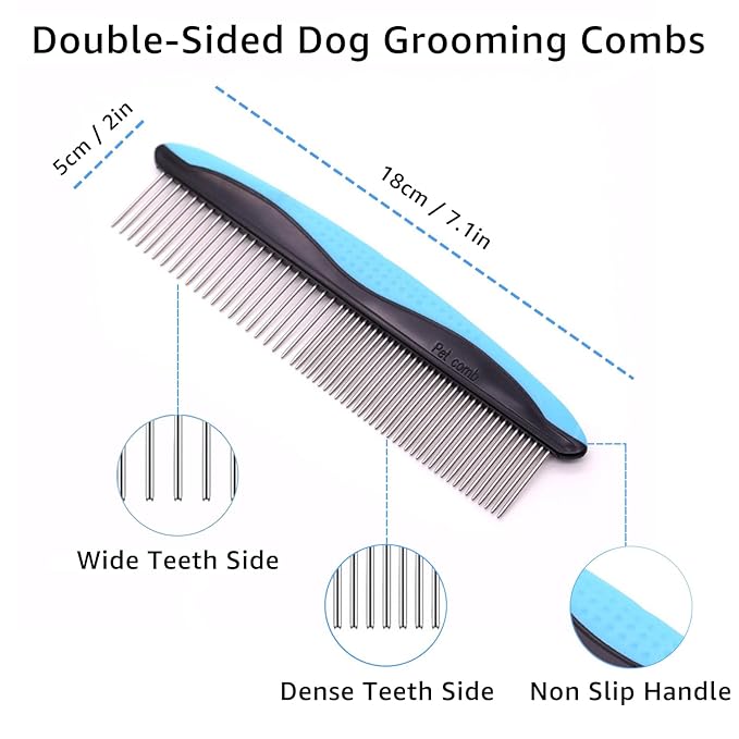 YINGFAN Dog Comb, Stainless Steel Dematting Comb for Dogs and Cats, Non-Slip Handle Dog Combs for Grooming Matting (Blue)