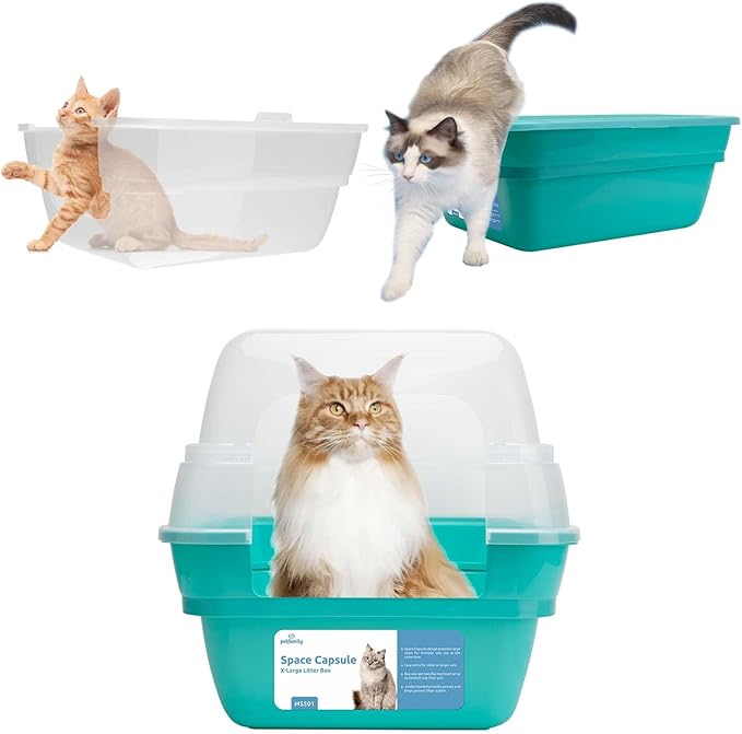 Petfamily Cat Litter Box, Large Foldable Jumbo Hooded Cat Litter Box with Transparent Lid (Teal)