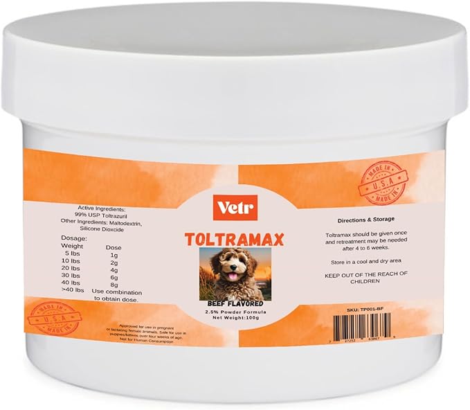 Vetr's Toltramax Toltrazuril Powder for Horses, Dogs, Cats, 100g (2.5%, Beef)
