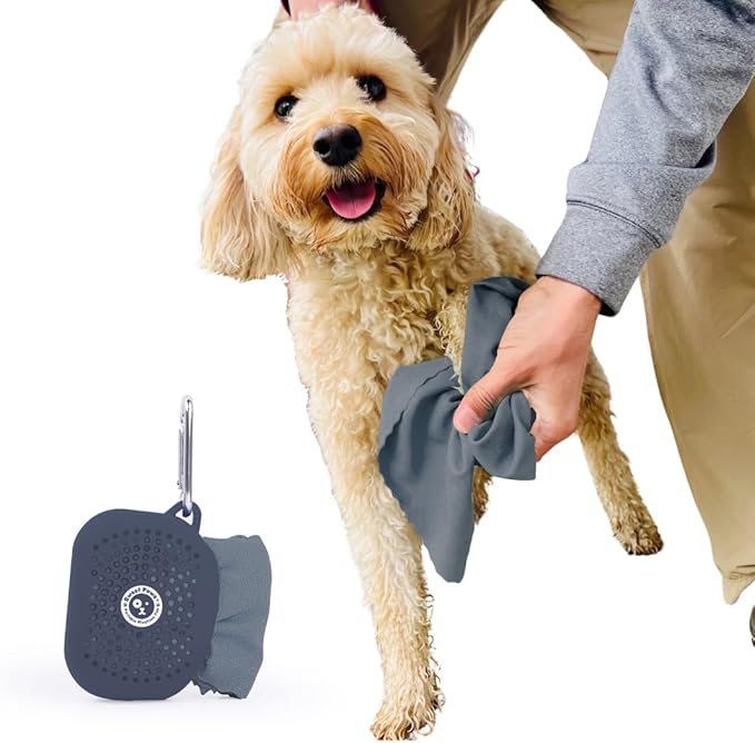 Sweet Paws Portable Dog Paw Towel, Lightweight & Super Absorbent Microfiber, Clips onto Leash, Quick Drying Towel for Dogs Paws with Silicone Case, Dry Dog’s Paws on The Go - Large - Clean Slate