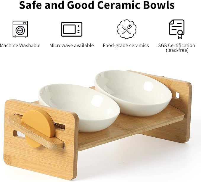 FUKUMARU Elevated Cat Ceramic Bowls, Small Dog 15° Tilted Raised Food Feeding Dishes, Solid Bamboo Water Stand Feeder Set for Cats and Puppy