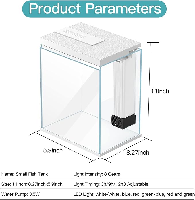 2 Gallon Glass Betta Fish Tank with Heater Filter and Light, Self-Cleaning Small Fish Tank Starter Kits.