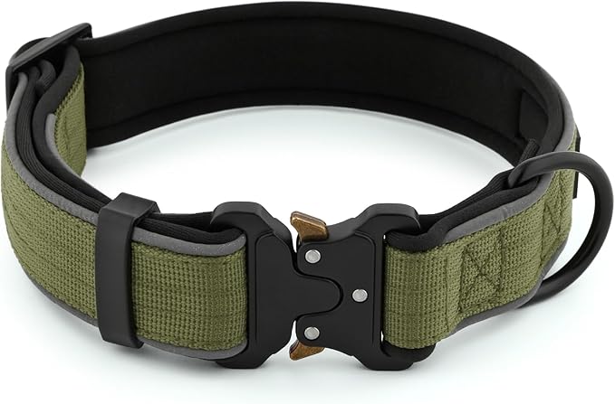 Plutus Pet Tactical Dog Collar, Reflective, Adjustable Heavy Duty Dog Collar, Soft Padded and Comfortable, for Small Medium and Large Dogs (Ranger Green, L)