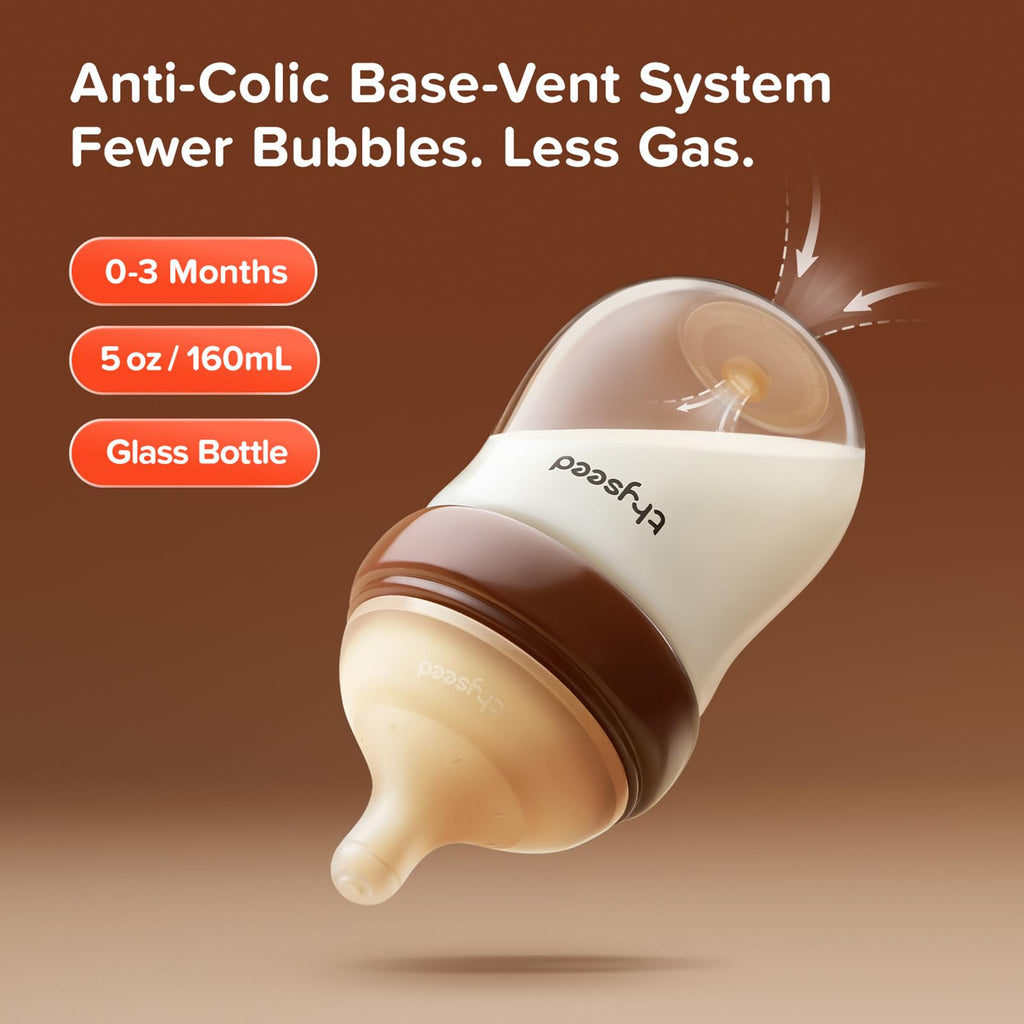 Thyseed Anti-Colic Glass Baby Bottle for Breastfed Infants, Natural Feeding, Breast-Like Newborn Extra Slow Flow Nipple (0m+), 5 oz, 1 Pack