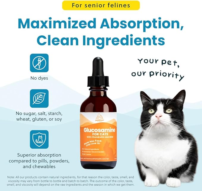 100% Natural Liquid Glucosamine Chondroitin with MSM for Cats, Hip & Joint Supplement for Senior Felines, Arthritis Support & Mobility Booster Glucosamine Drops, 2 Oz