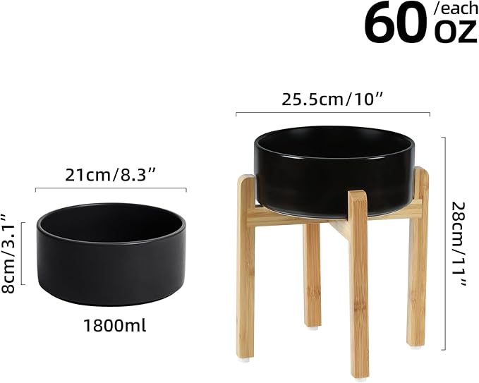 Ceramic Elevated Dog Bowl Set, Raised Food and Water Bowl for Large Breed Dogs, Weighted Dishes, Black (8.2'', 60OZ)