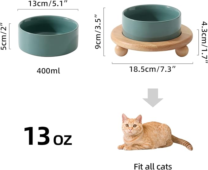 Ceramic Elevated Cat Food and Water Bowl, Kitty Bowl, Raised Cat Dish, Pet Feeder (5.1 in,1 x Dark Green + Stand)