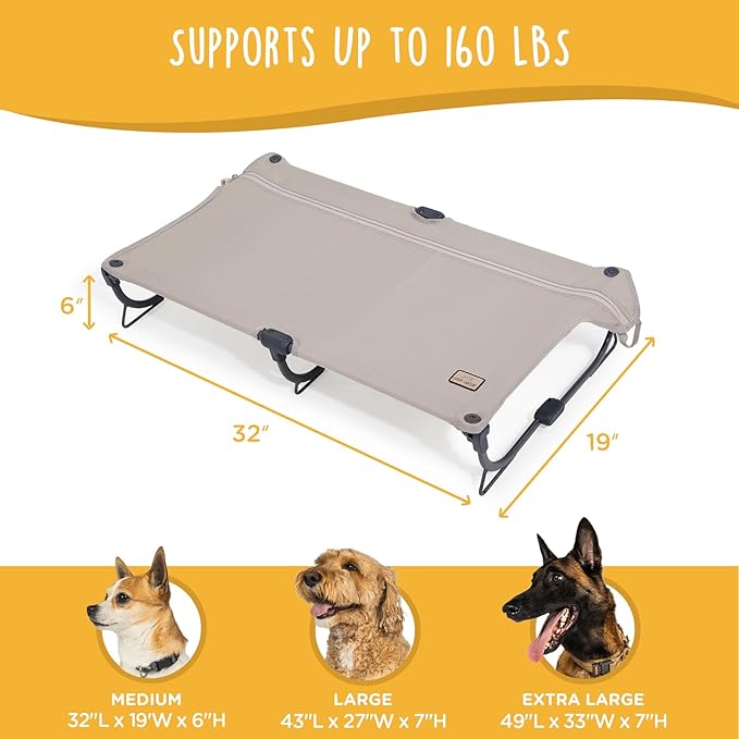 Daisy Cot, Medium Foldable Elevated Dog Bed, Portable Raised Outdoor Folding Dog Cot, Cooling, Chew Proof, Waterproof, Heavy Duty Up to 160 lbs for Camping/Home, Brown, 32"x 19"x6"