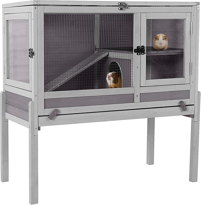 GUTINNEEN Rabbit Hutch Bunny House, 36.6" L Rabbit Cage with Anti Chewing Ramp, Guinea Pig Cage with Cooling Galvanized Sheet, Detachable Legs(Grey)