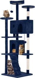 70 Inches Multi-Level Cat Tower for Indoor Cats - XL Tree Climbing Condo With Scratching Posts and Hanging Toys, Navy Blue
