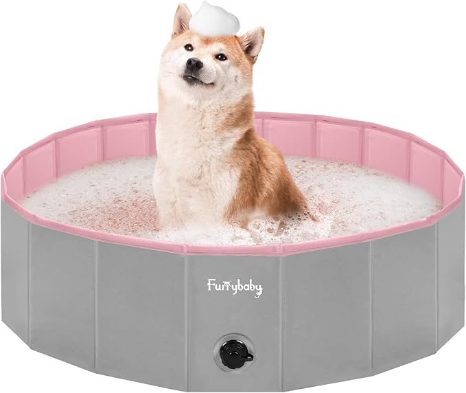 Furrybaby Dog Pool, Kiddie Pool with Hard Plate Collapsible Pet Bath Foldable Swimming Pet Pool Portable Pink 39''