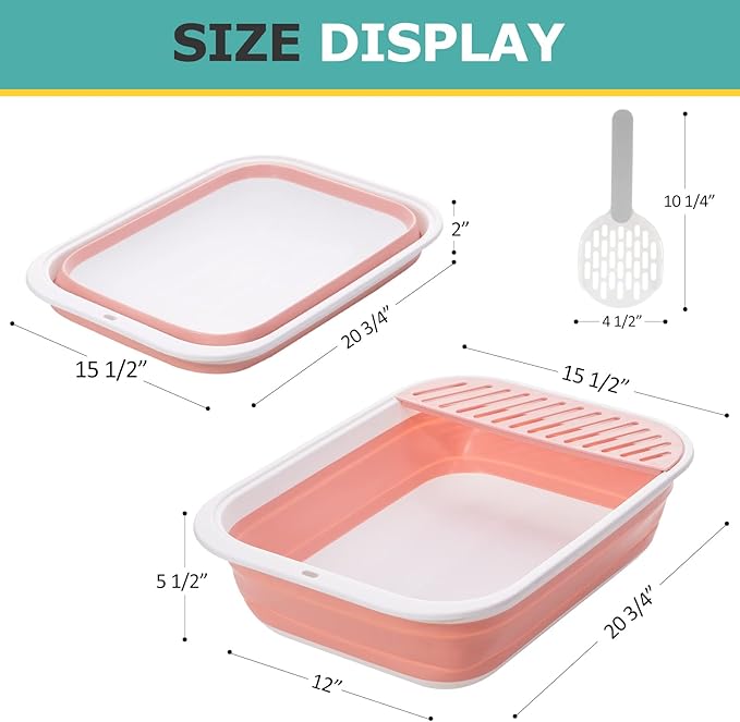 Open Top Cat Litter Box, Large Foldable Cat Potty Height-Adjustable Sides Anti-Splash, Open Air Kitty Litter Pan No Smell, Cat Toilet Easy Clean with Cat Litter Scoop (Pink)