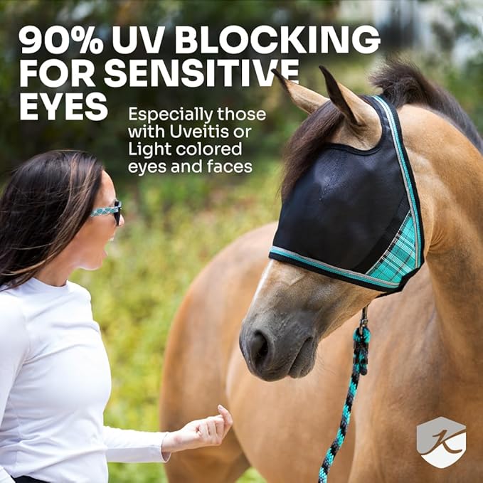 Kensington 90% UV Fly Mask Halter CatchMask UViator - Without Ears & Forelock Freedom Web Trim *Roomy Fit*- Large, Kentucky Blue