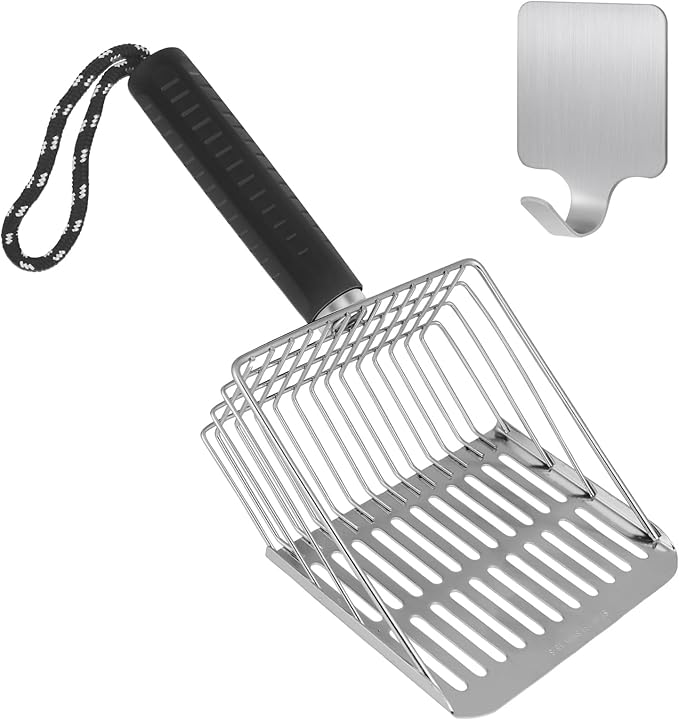 Cat Litter Scoop, Solid and Durable Kitty Metal Scooper, Stainless Steel Sifter, Heavy Duty, for Litter Box, Black Rubber Handle, Included Stainless Steel Hook