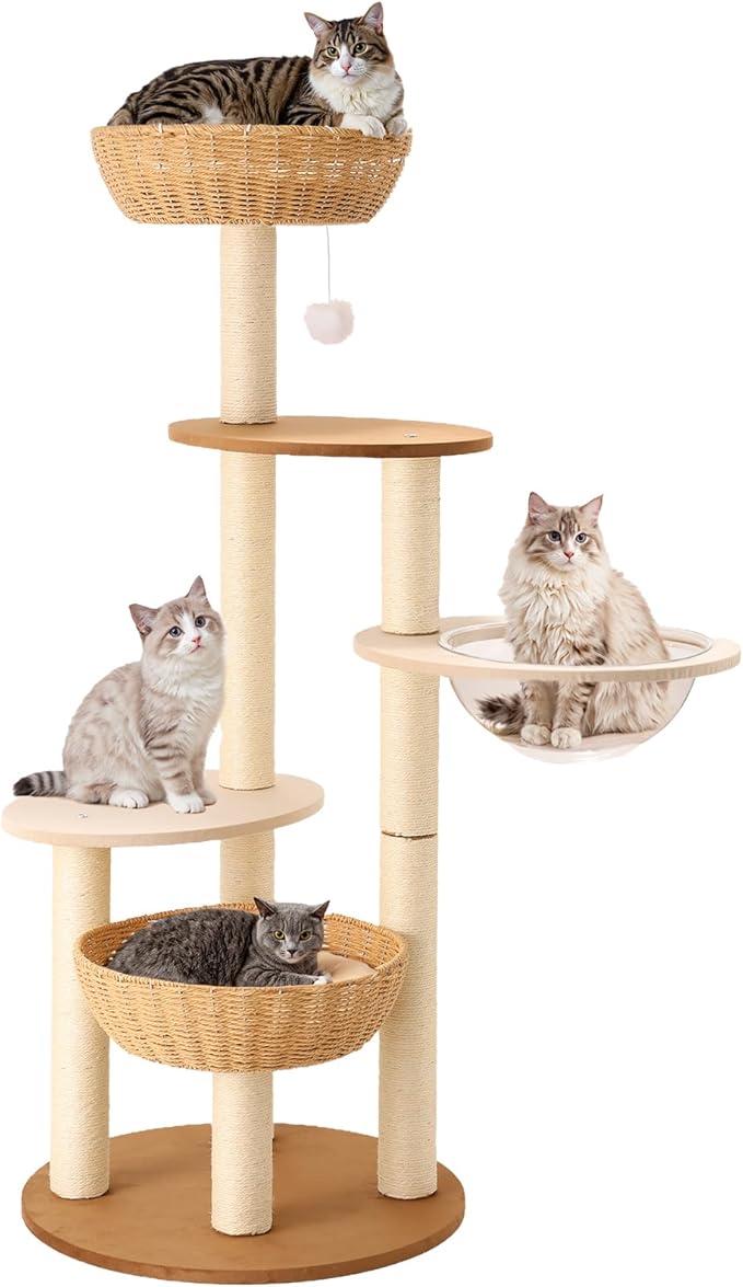 Rattan Cat Climbing Tower Condo with Scratching Post,Capsule,Basket,and Bed Modern Heavy Duty Cat Tree for Indoor Cat Large Adult
