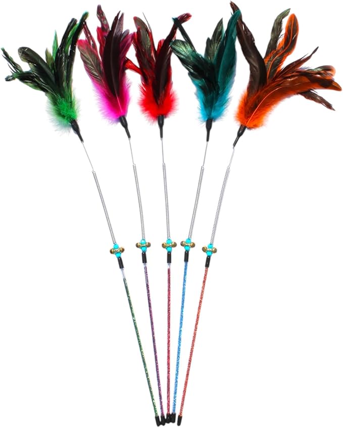 Cat Wand Toy Feather Sticks - 5 Piece Interactive Wands Toy Set with Feathers, Durable Spring Design - Perfect for Engaging Playtime Fun for Kittens and Cats - Cat Toys for Indoor Cats
