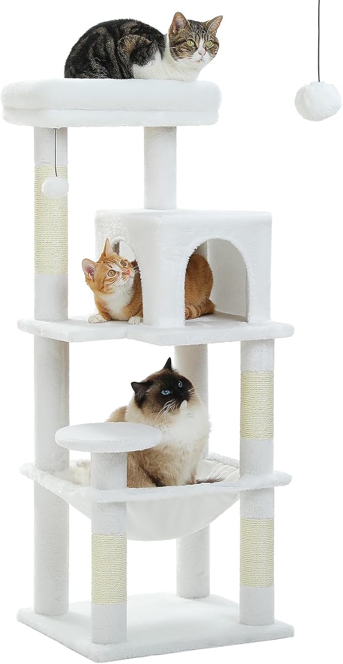 White Cat Tree for Indoor Cats, 45.7" Multi-Level Cat Tower with Large Metal Frame Hammock, Cat Condo with 4 Scratching Posts and Top Perch, White